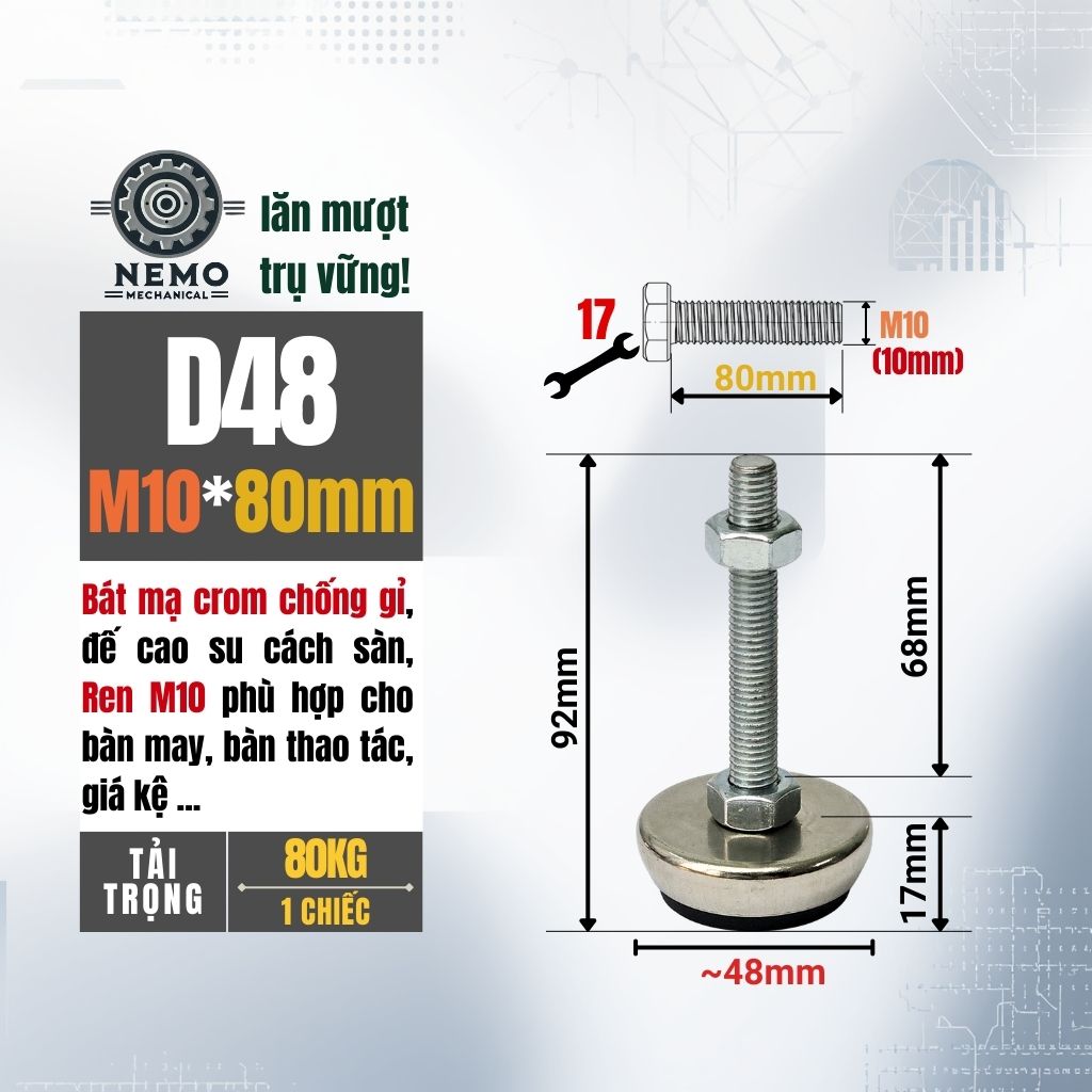Chân Tăng Chỉnh Bát Thép Mạ Crom – Thẩm Mỹ Cao, Chống Rỉ Sét & Cân Bằng Thiết Bị (M8, M10, M12)